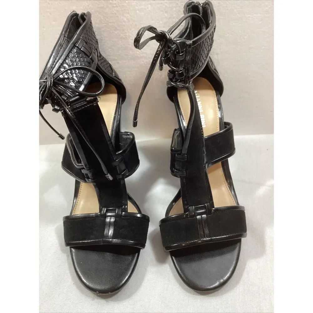 Gianni Bini Women 8 Black Heels Leather Suede T Strap Block‎ Shoes 3058